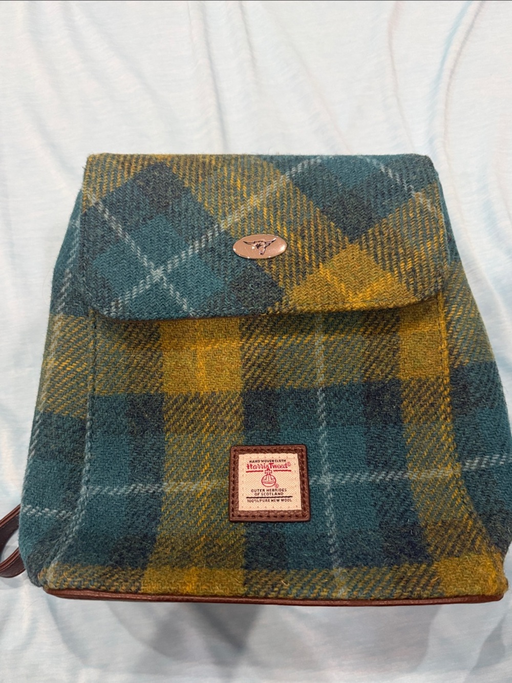 Glen Appin Harris Tweed Green & Blue Plaid Backpack with Leather Trim Tartan